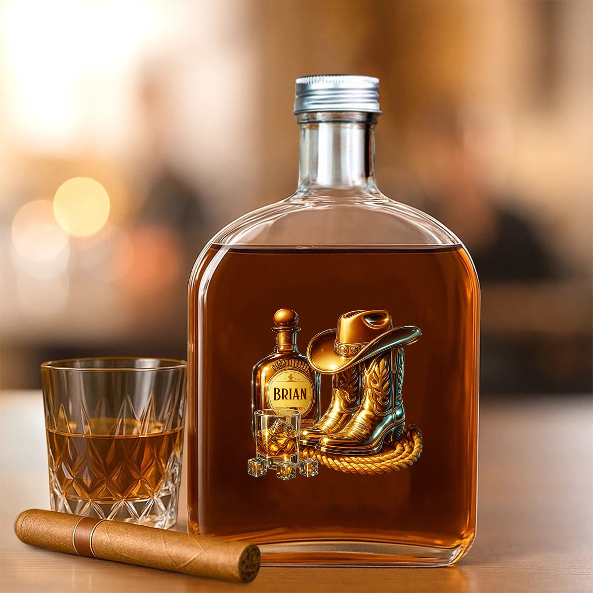 Bottes de cowboy, chapeau et bouteille de whisky personnalisée
