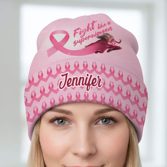 Fight Like a Superwoman, Breast Cancer Awareness - Personalized Breast Cancer Awareness Beanie Hat