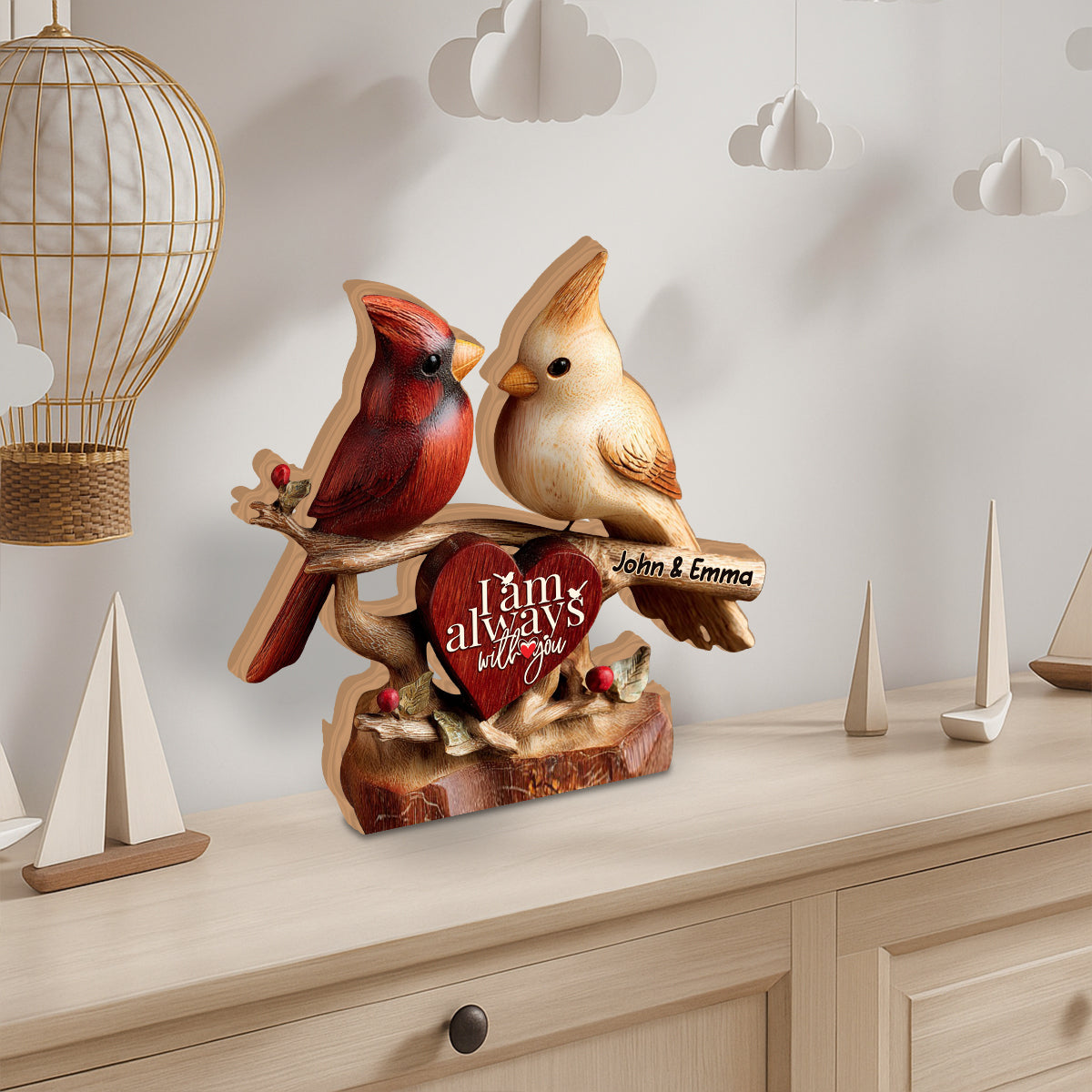 Cardinaux, je suis toujours avec vous - Plaque en bois personnalisée pour couple - Forme sur mesure
