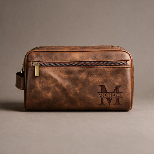 Personalized Monogrammed Brown Leather Toiletry Bag, Gift for Men
