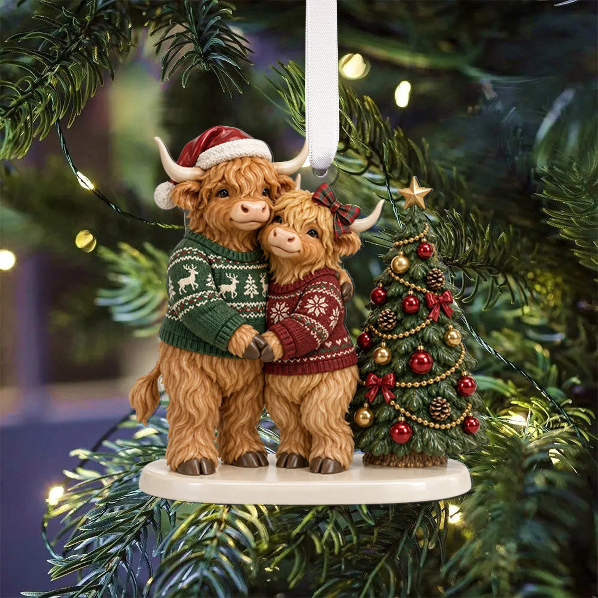 Cadeau de Noël Couple Vache des Highlands - Calendrier de l'Avent Personnalisé avec Ornements