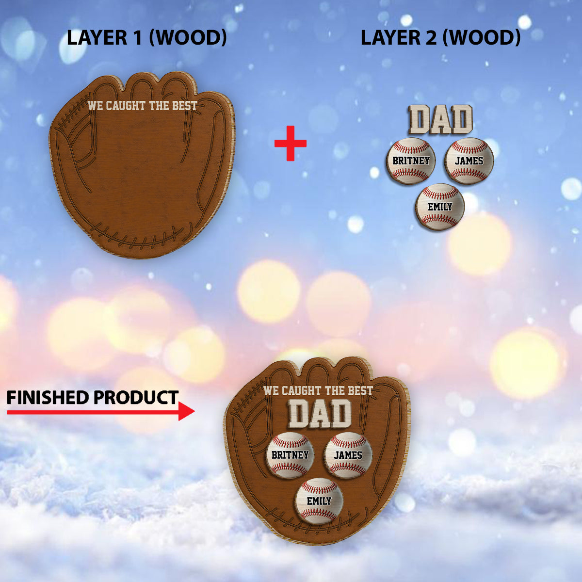 Papa Gant de Baseball - Panneau en Bois Personnalisé 2 Couches