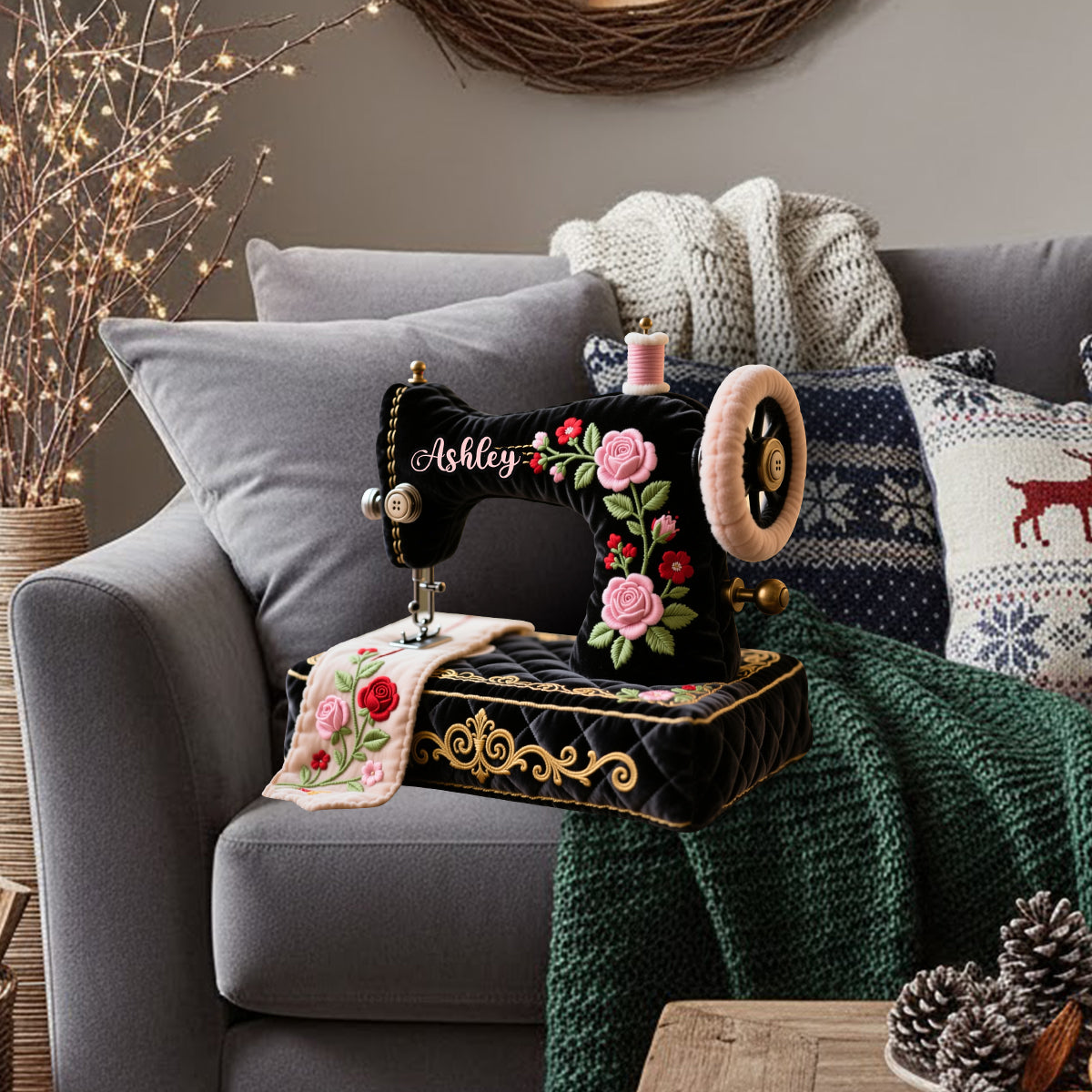 Cadeau idéal pour les passionnées de couture : coussin en fausse fourrure personnalisé en forme de couture