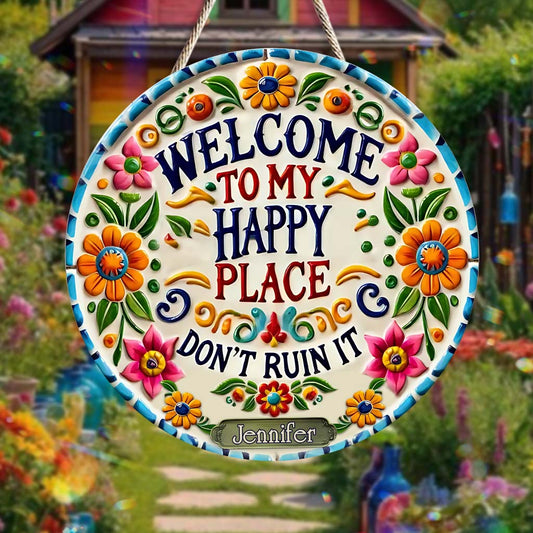Welcome To My Happy Place - Personalized Hippie Custom Shaped Wood Sign
