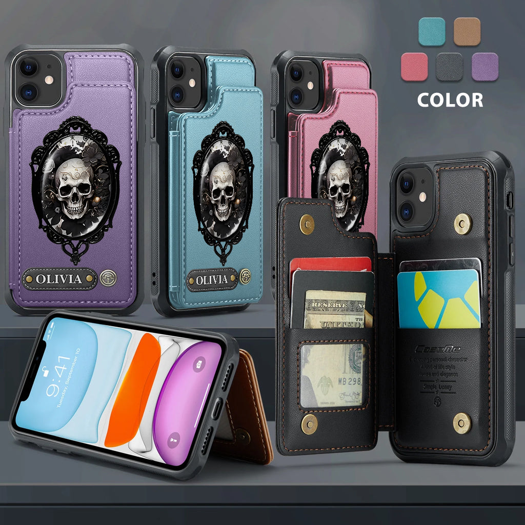 Étui portefeuille personnalisé en forme de crâne à motif floral gothique - Étui de téléphone à tête de mort -