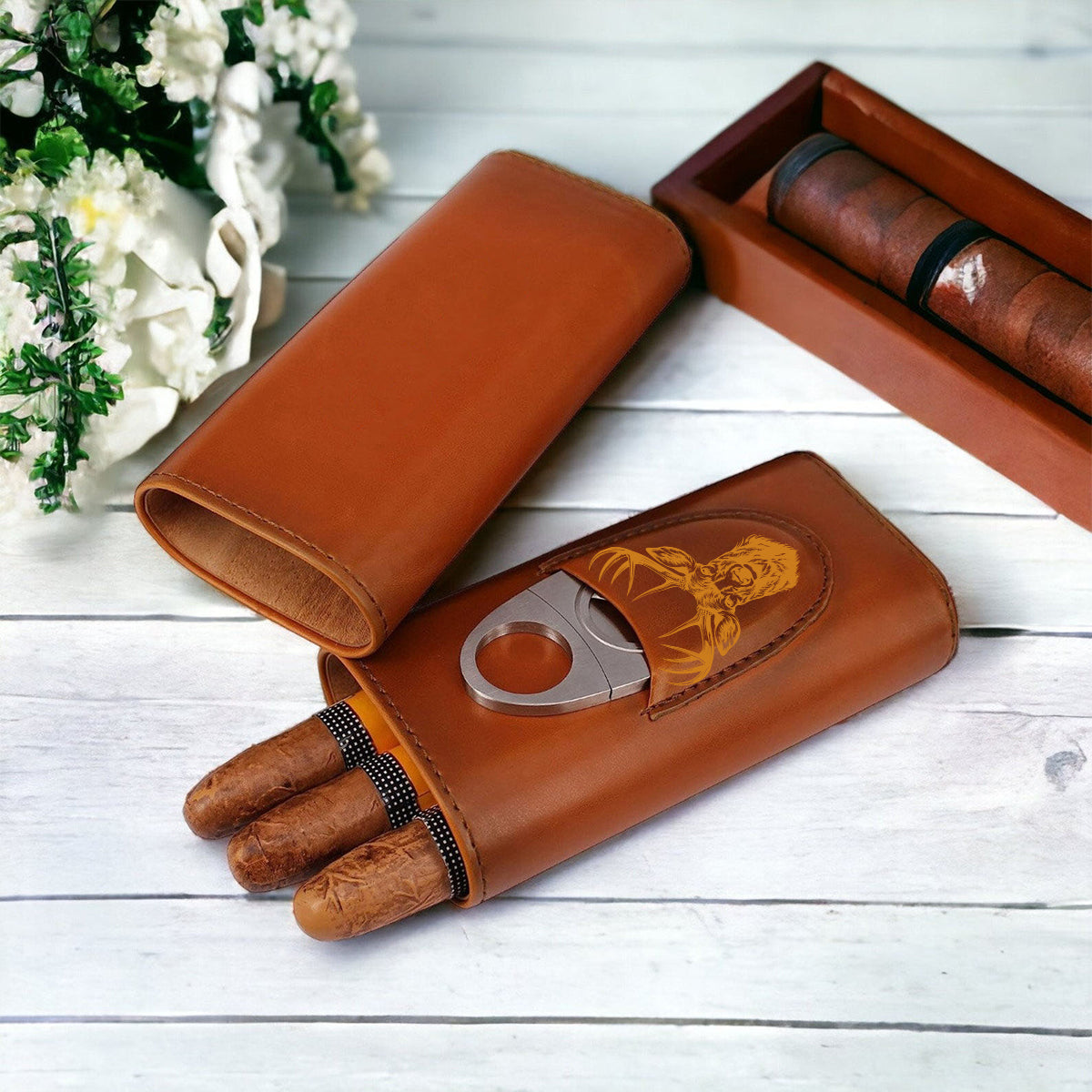 Cadeau idéal pour les passionnés de chasse : étui à cigares en cuir personnalisé, parfait pour papa, grand-père ou mari.