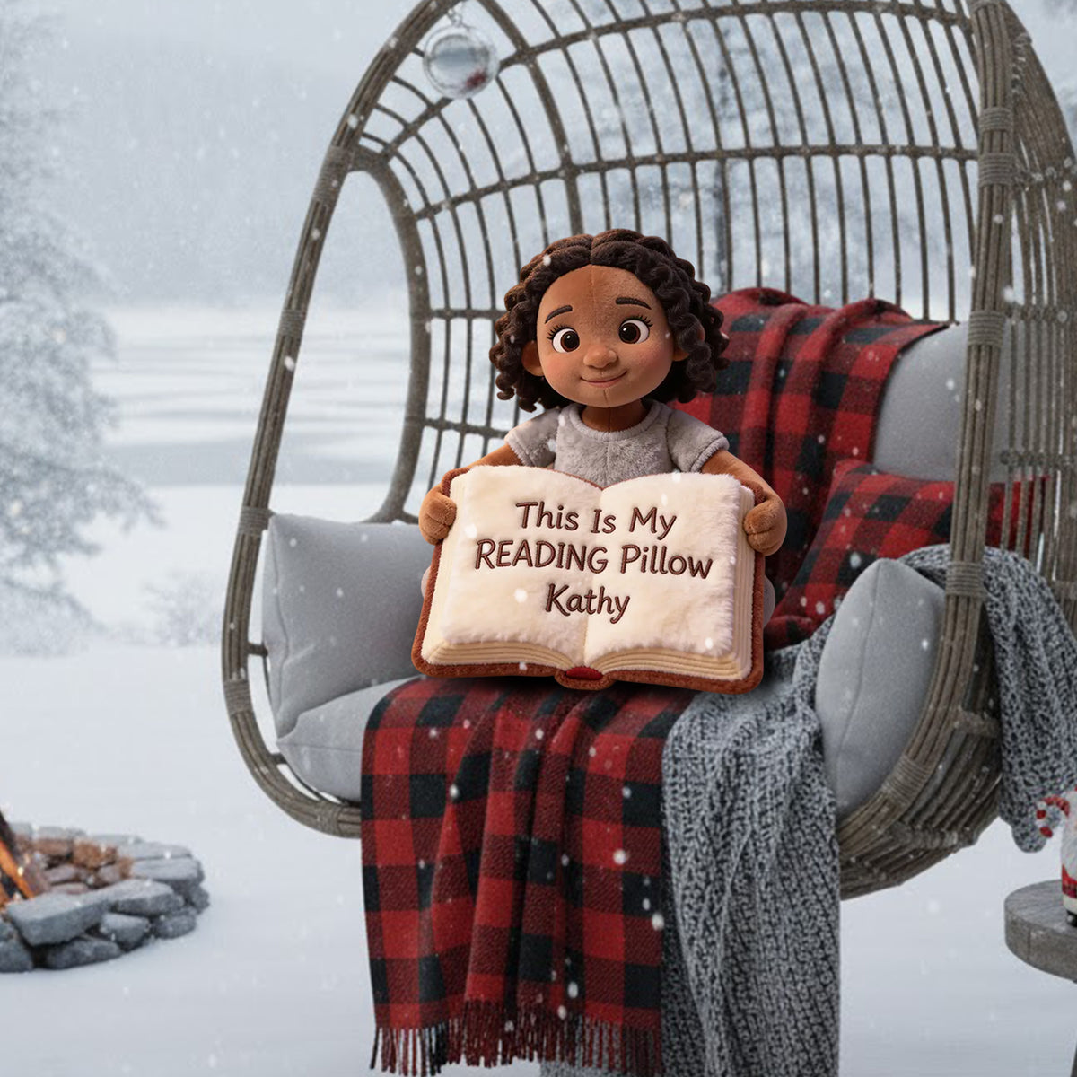 Voici mon coussin de lecture - Coussin personnalisé en forme de livre en fausse fourrure