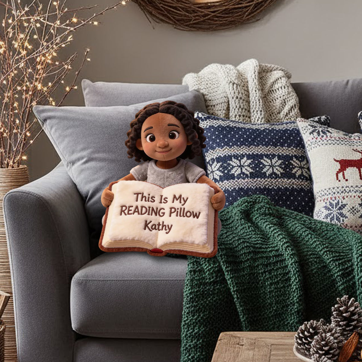 Voici mon coussin de lecture - Coussin personnalisé en forme de livre en fausse fourrure