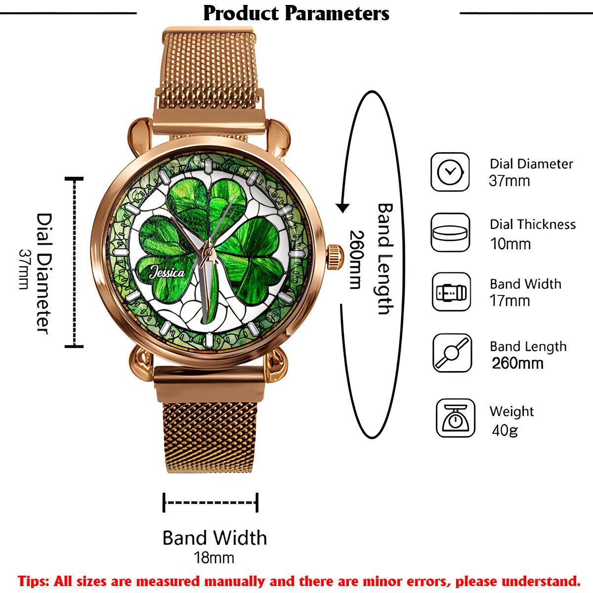 Montre-bracelet irlandaise personnalisée Shamrock St Patrick pour femme 