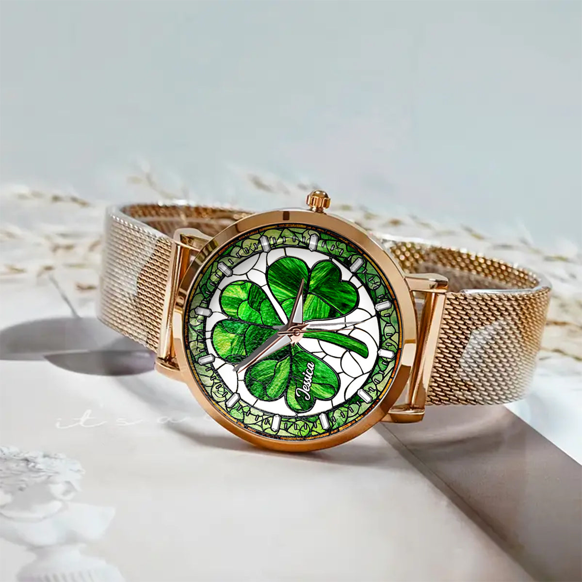 Montre-bracelet irlandaise personnalisée Shamrock St Patrick pour femme 