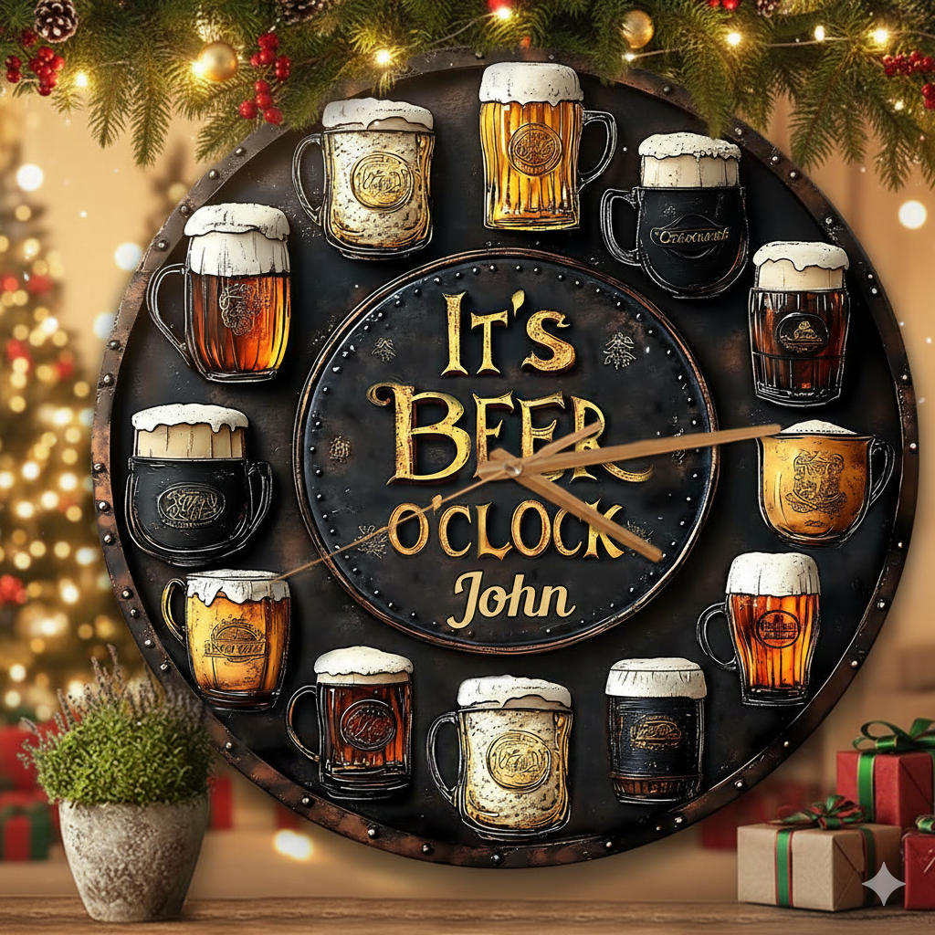 Horloge de Noël à la bière – Horloge murale personnalisée, cadeau pour les amateurs de bière