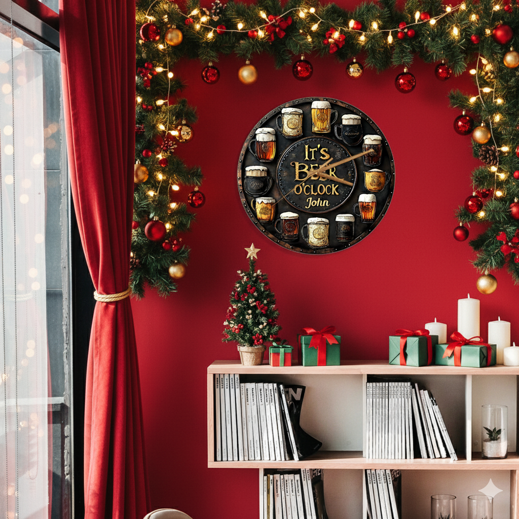 Horloge de Noël à la bière – Horloge murale personnalisée, cadeau pour les amateurs de bière