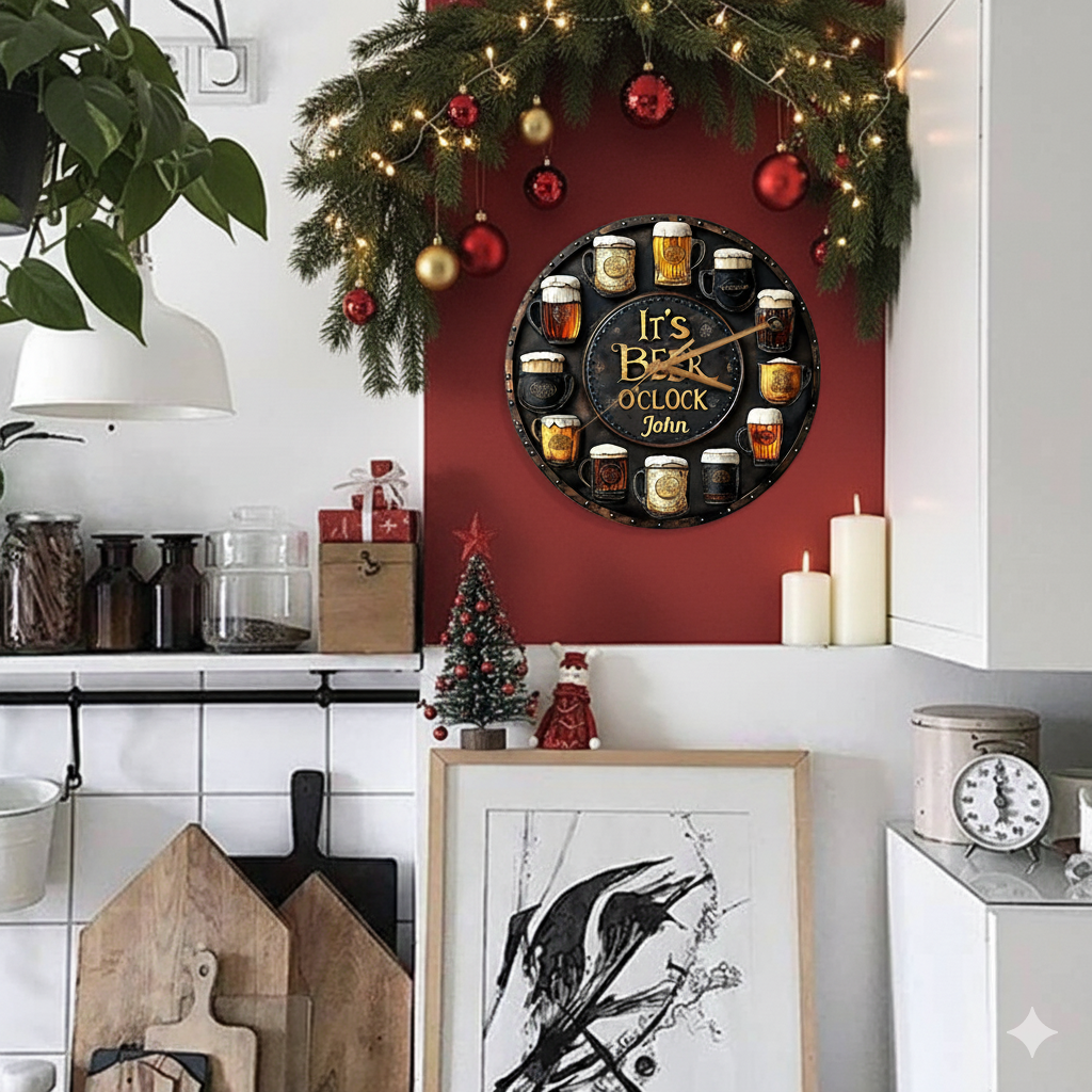 Horloge de Noël à la bière – Horloge murale personnalisée, cadeau pour les amateurs de bière