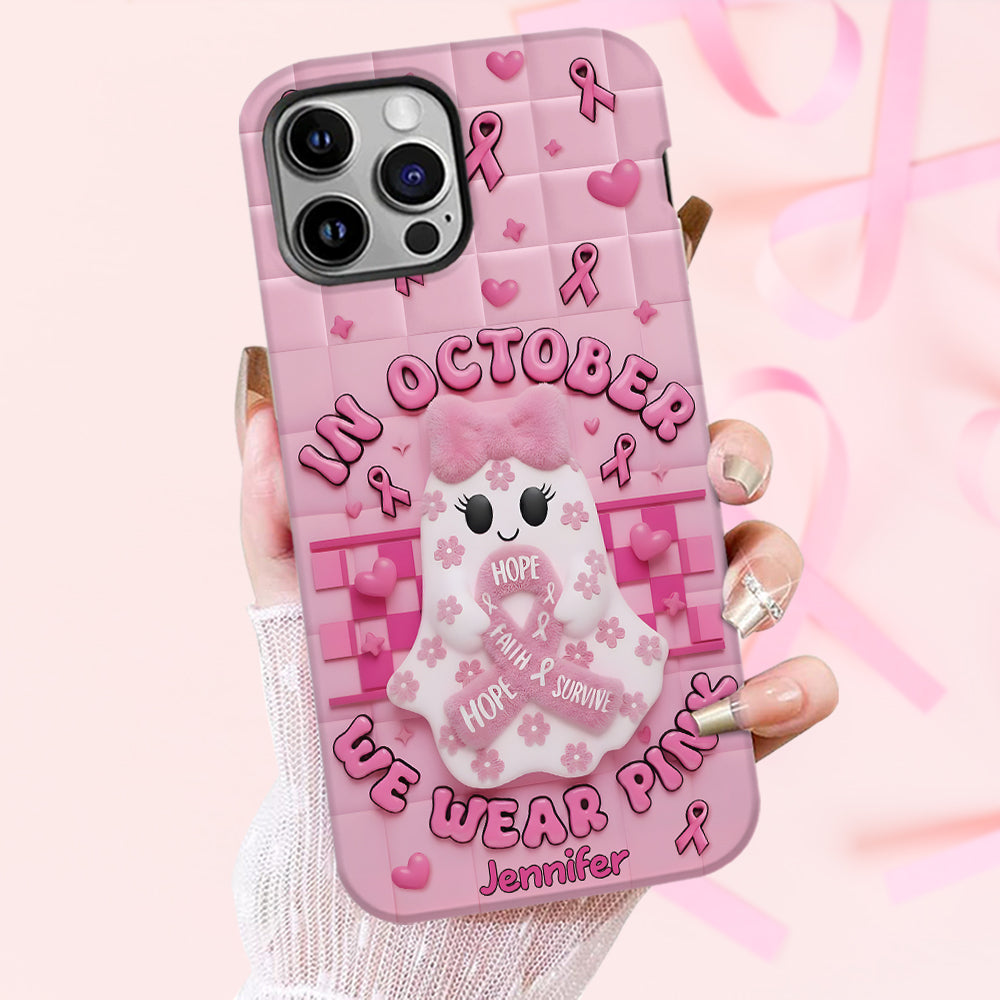 Coque de téléphone personnalisée avec un adorable fantôme et un message de sensibilisation au cancer du sein - Coque de téléphone imprimée intégralement pour la sensibilisation au cancer du sein