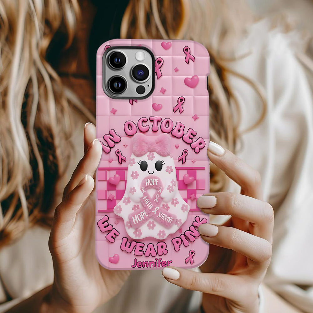 Coque de téléphone personnalisée avec un adorable fantôme et un message de sensibilisation au cancer du sein - Coque de téléphone imprimée intégralement pour la sensibilisation au cancer du sein