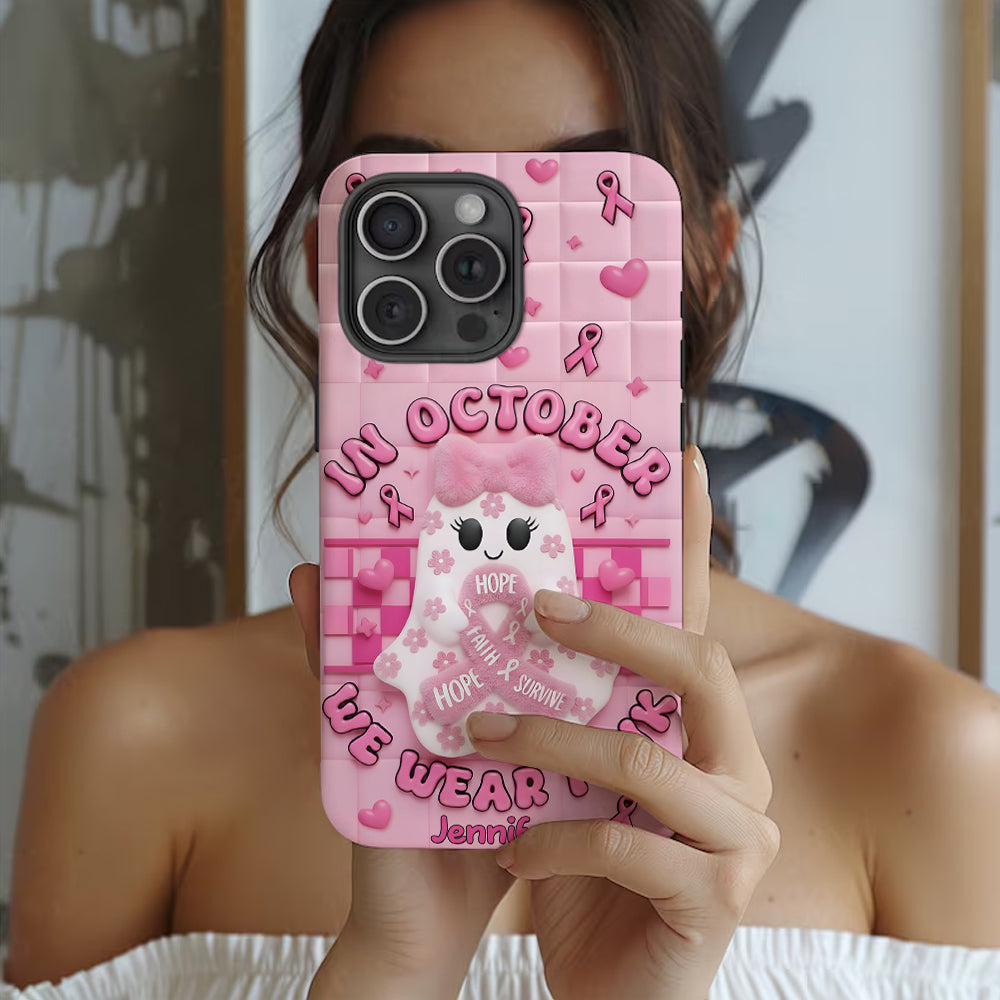 Coque de téléphone personnalisée avec un adorable fantôme et un message de sensibilisation au cancer du sein - Coque de téléphone imprimée intégralement pour la sensibilisation au cancer du sein