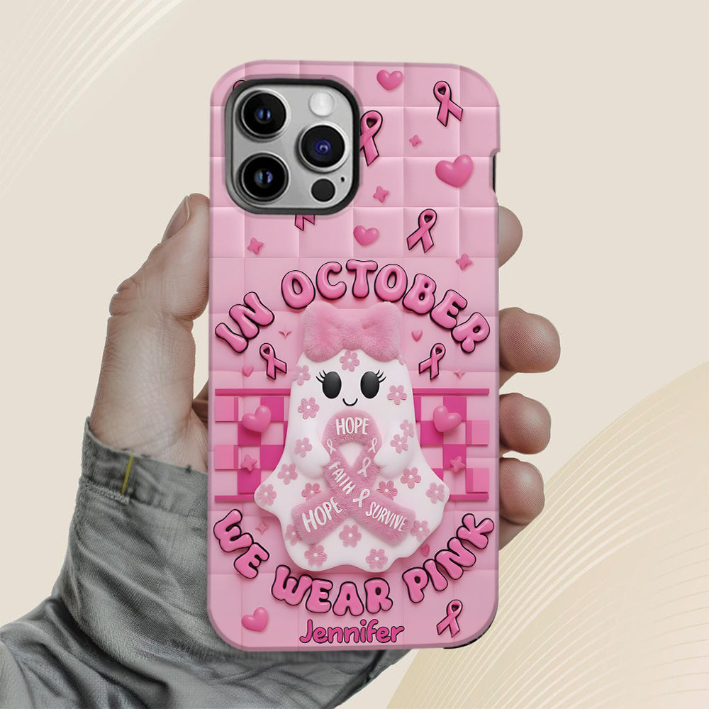 Coque de téléphone personnalisée avec un adorable fantôme et un message de sensibilisation au cancer du sein - Coque de téléphone imprimée intégralement pour la sensibilisation au cancer du sein