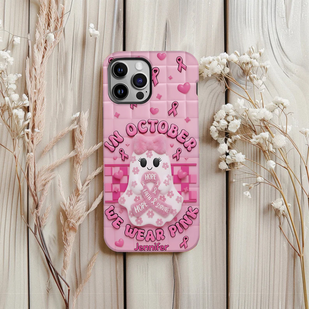 Coque de téléphone personnalisée avec un adorable fantôme et un message de sensibilisation au cancer du sein - Coque de téléphone imprimée intégralement pour la sensibilisation au cancer du sein