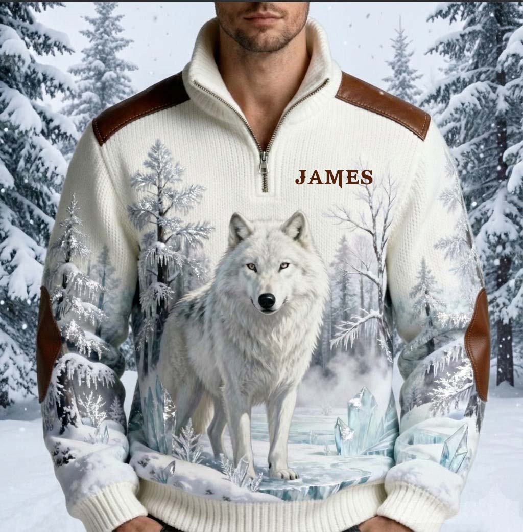 Loup d'hiver - Sweat-shirt zippé personnalisé pour homme avec motif loup