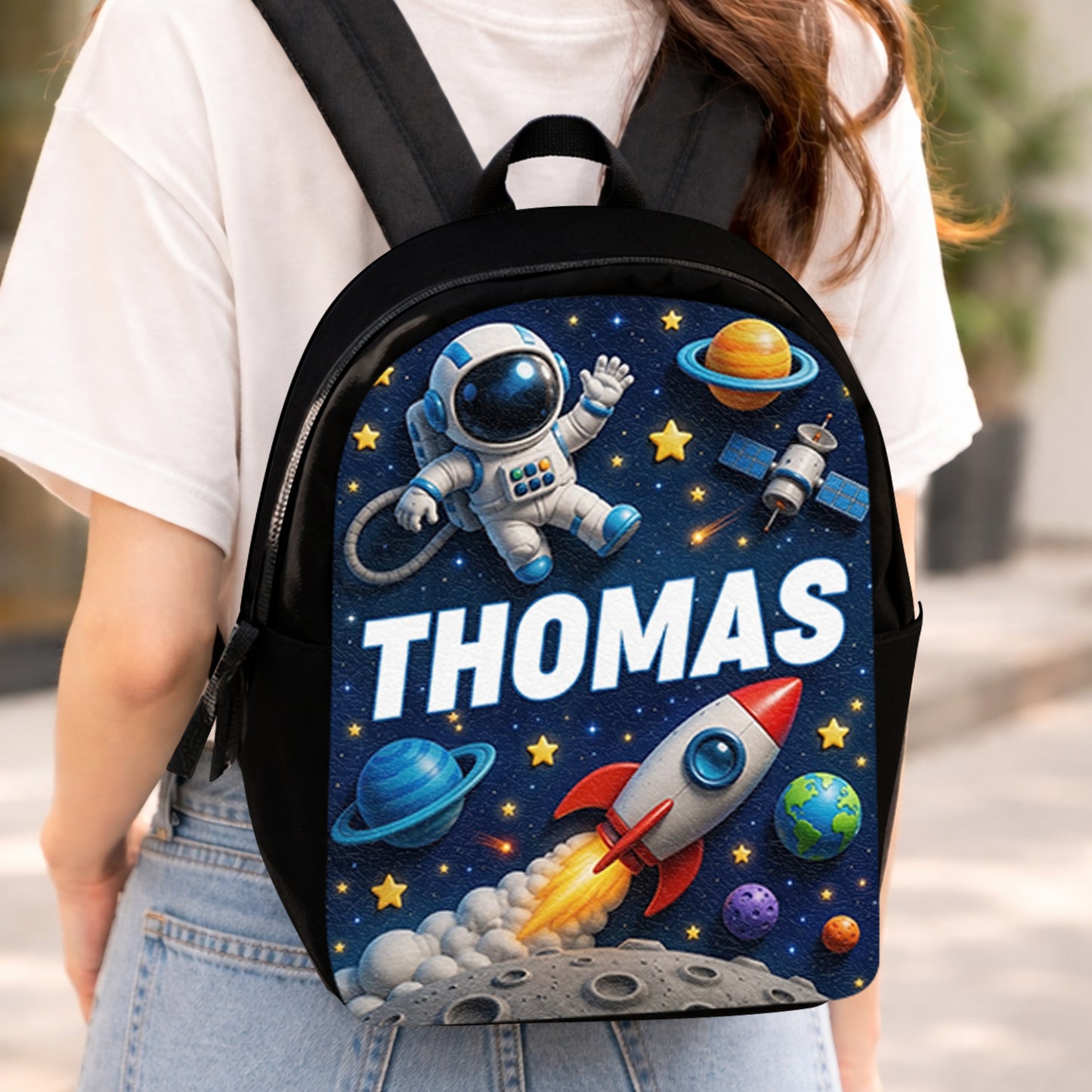Back To School Gift, Astronaut Theme - Personalized Kid Changeable Leather Patch Backpack