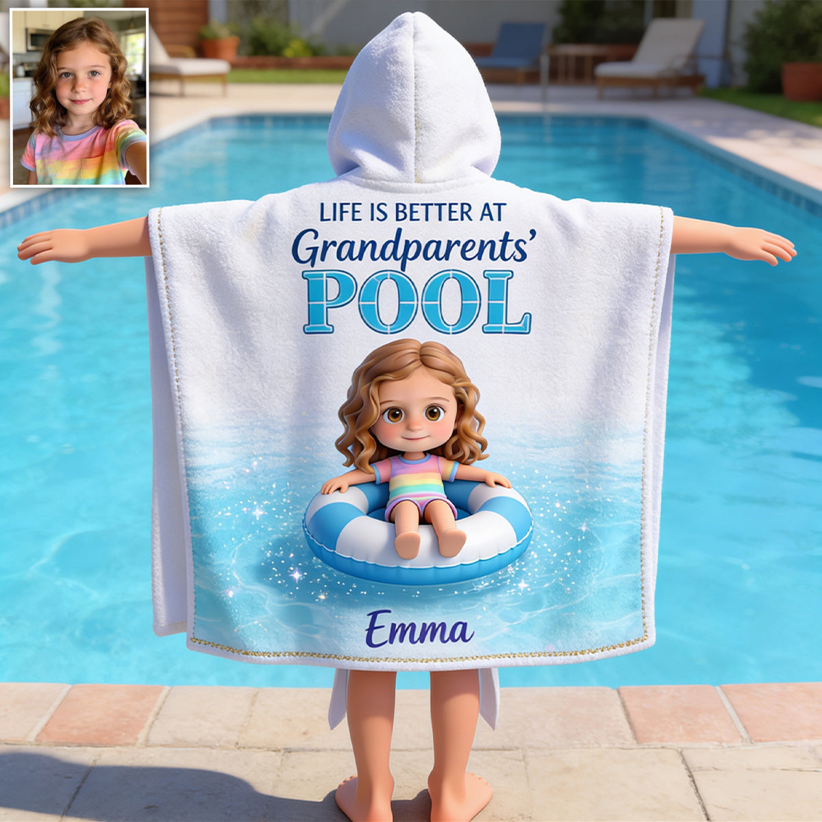 La vie est meilleure à la piscine - Poncho de serviette à capuche personnalisé pour enfant