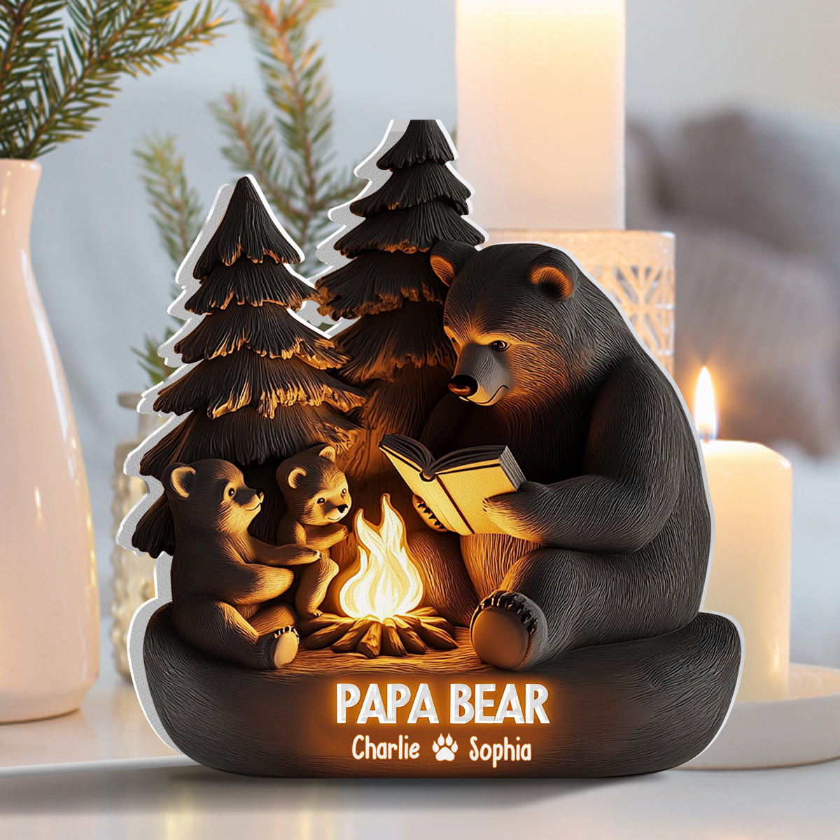 Papa Ours dans les bois - Boîte lumineuse personnalisée en forme de papa