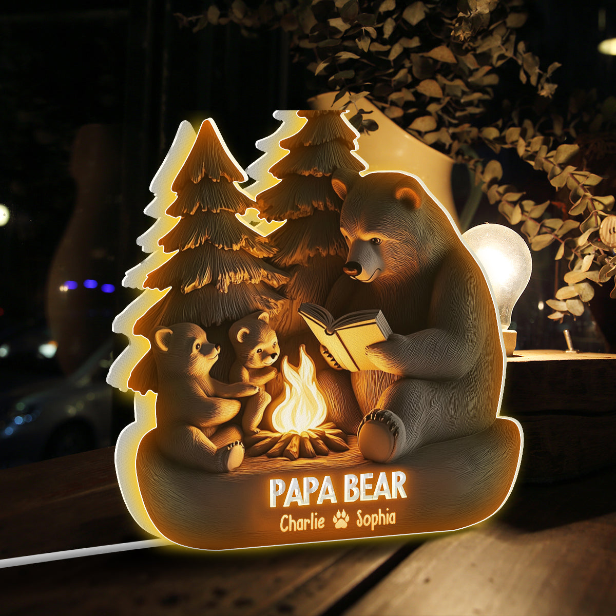 Papa Ours dans les bois - Boîte lumineuse personnalisée en forme de papa