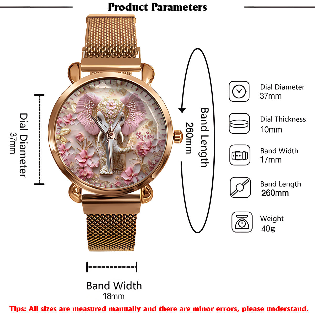 Montre-bracelet personnalisée pour femme avec éléphant rose lumineux - Éléphant rose lumineux