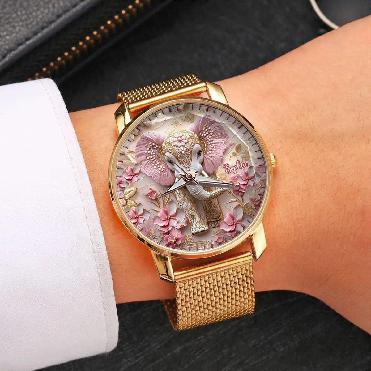 Montre-bracelet personnalisée pour femme avec éléphant rose lumineux - Éléphant rose lumineux