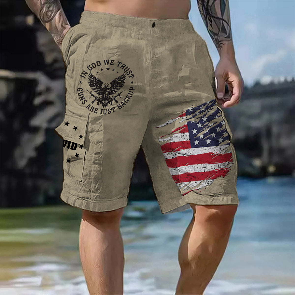 In God We Trust - Personalized Bald Eagle Cargo Shorts With Belt