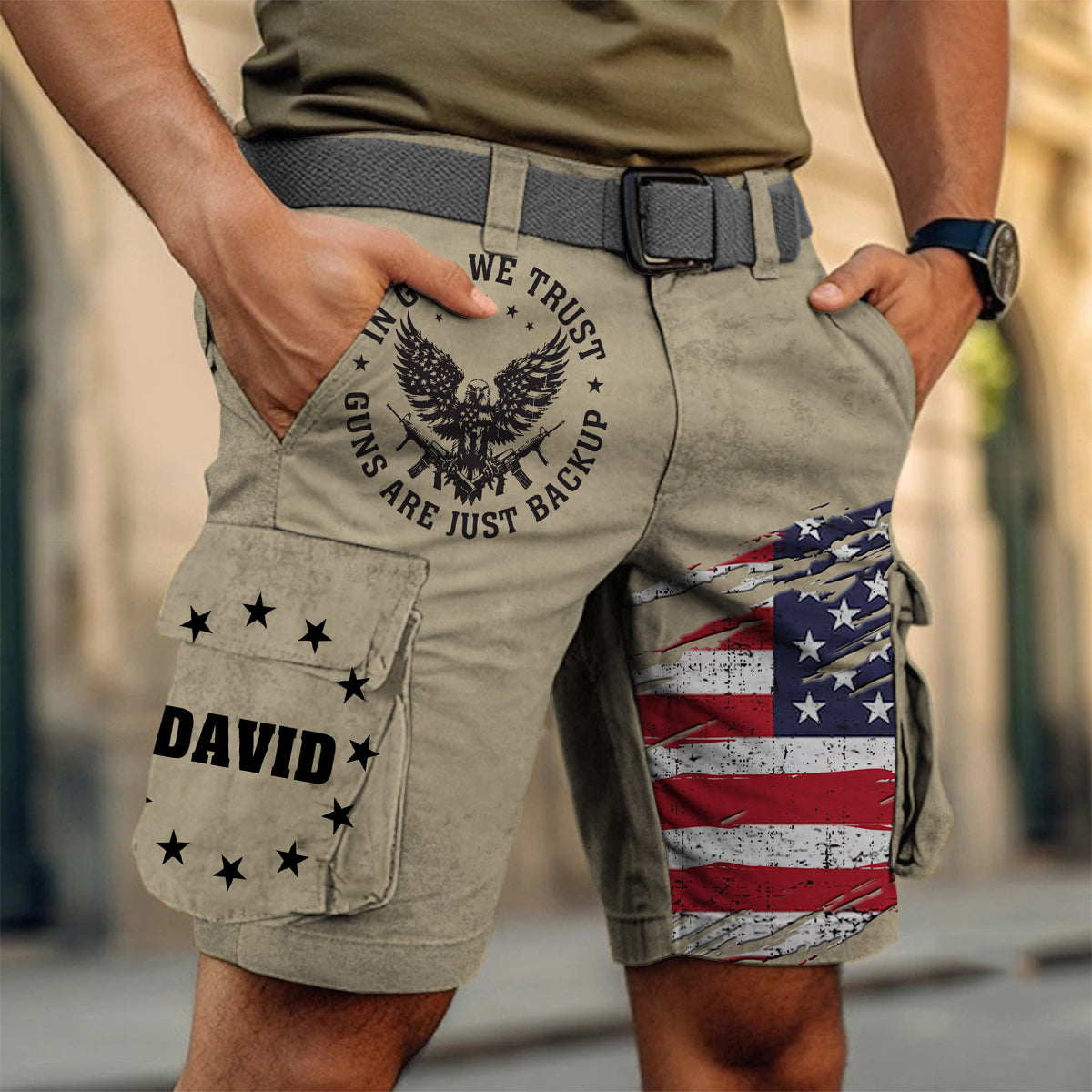 In God We Trust - Personalized Bald Eagle Cargo Shorts With Belt