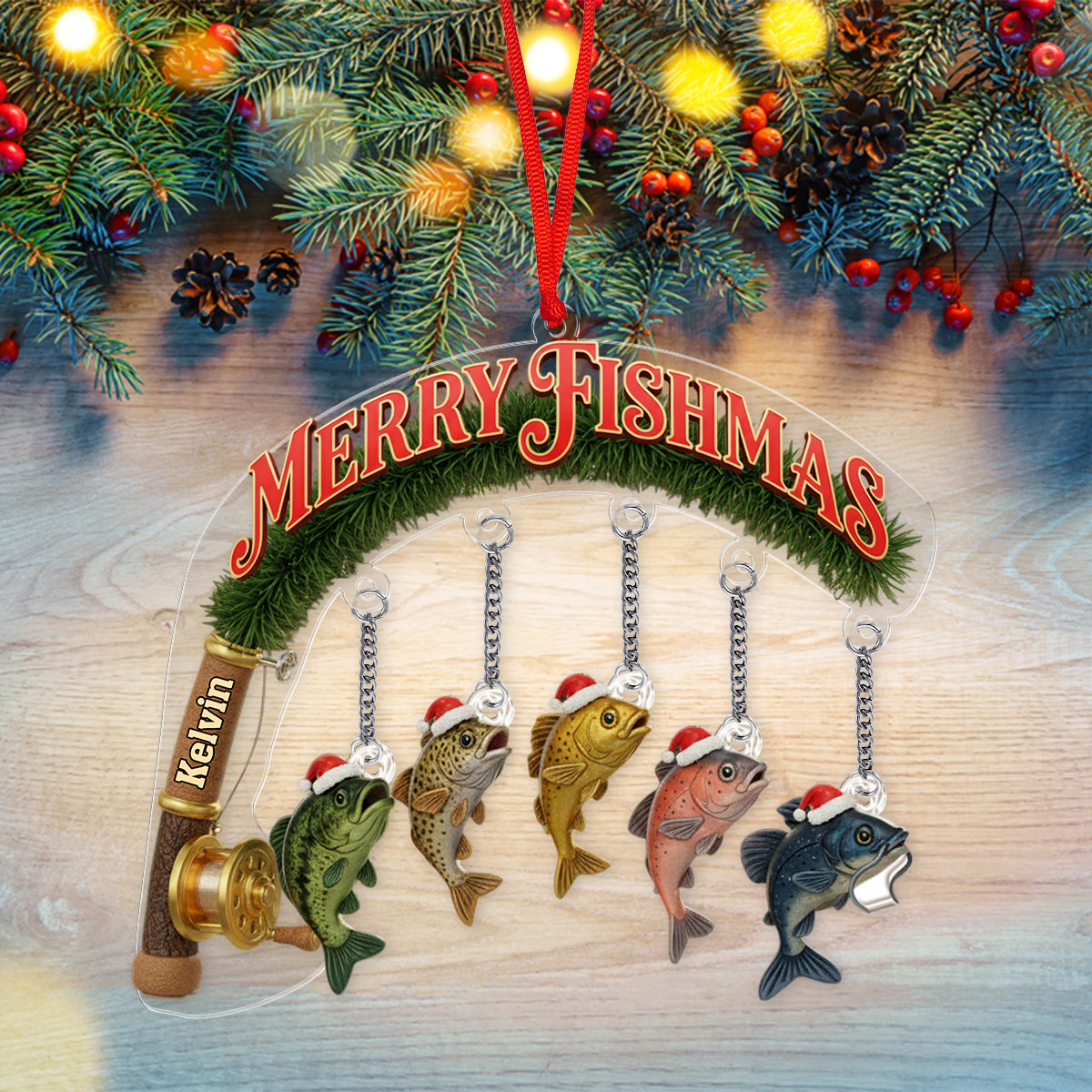 Joyeux Noël des Poissons - Ornement de pêche personnalisé avec breloque