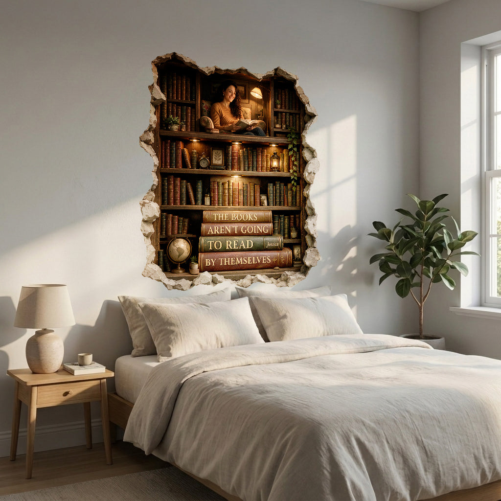 3D Illusion Bookshelf Decal - Personalized Book Decal Die Cut