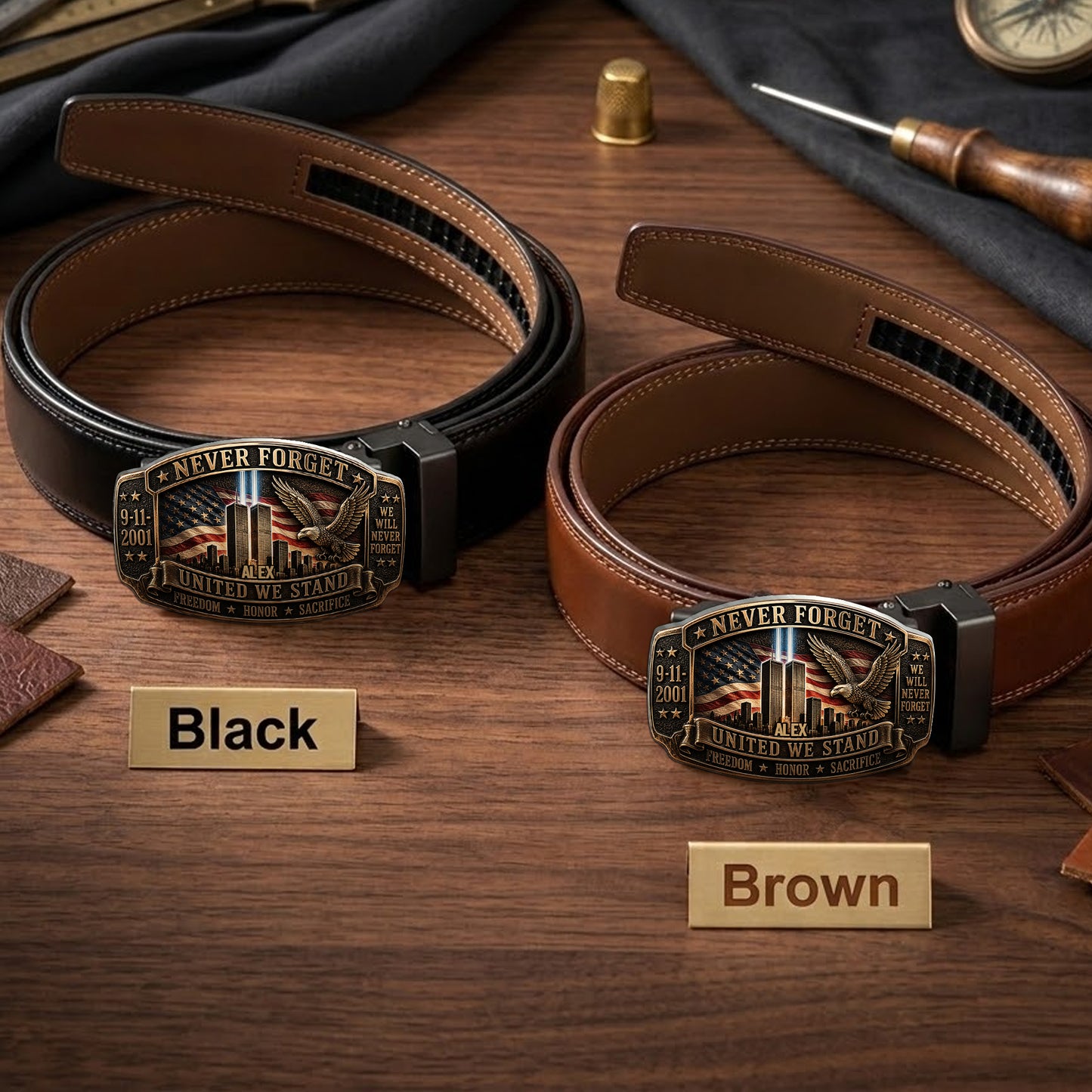 Never Forget - Personalized Patriot Leather Belt With Shaped Buckle