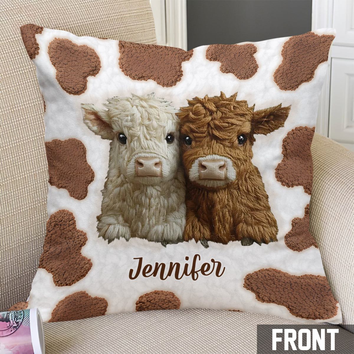 Adorables vaches des Highlands - Coussin décoratif personnalisé vache des Highlands