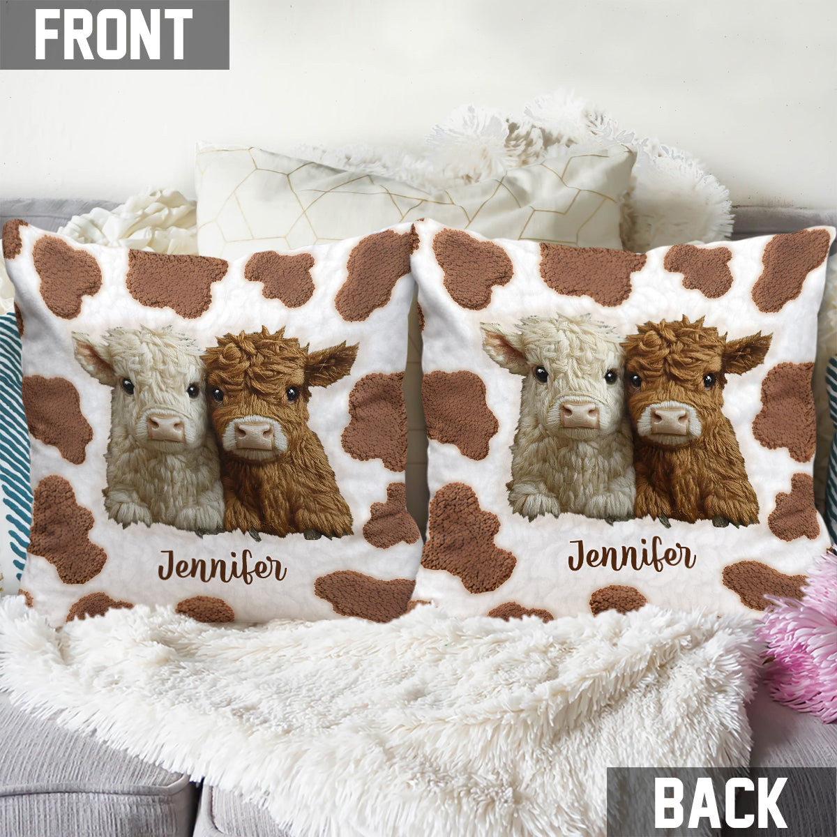 Adorables vaches des Highlands - Coussin décoratif personnalisé vache des Highlands