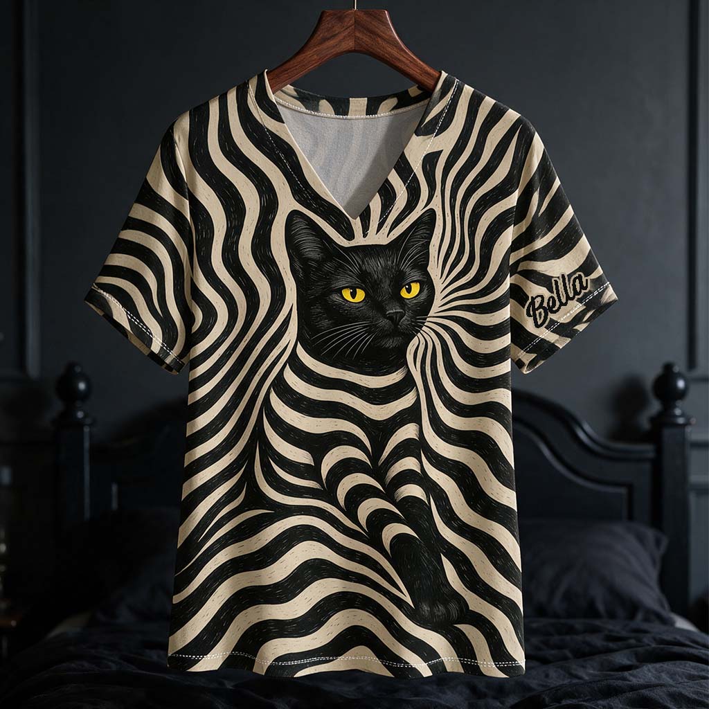 T-shirt V-Neck Personnalisé Chat Noir Artiste Psychedelique - Style Cool