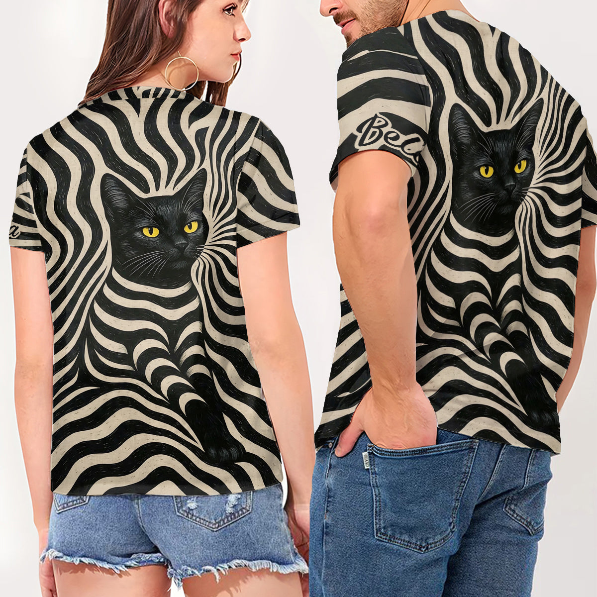 T-shirt V-Neck Personnalisé Chat Noir Artiste Psychedelique - Style Cool