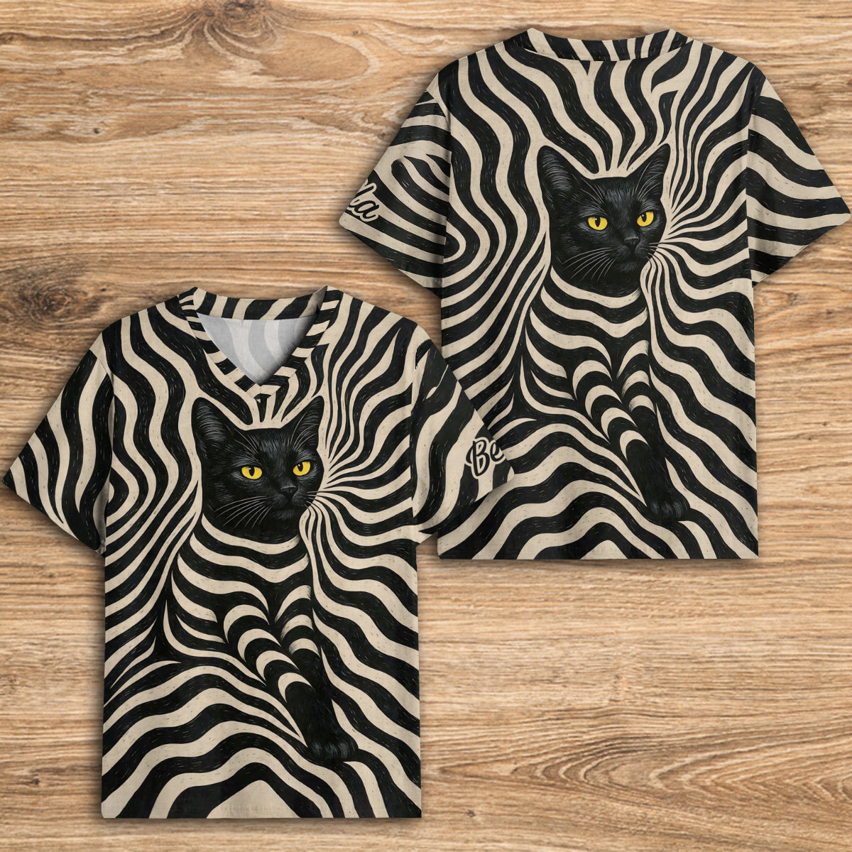 T-shirt V-Neck Personnalisé Chat Noir Artiste Psychedelique - Style Cool
