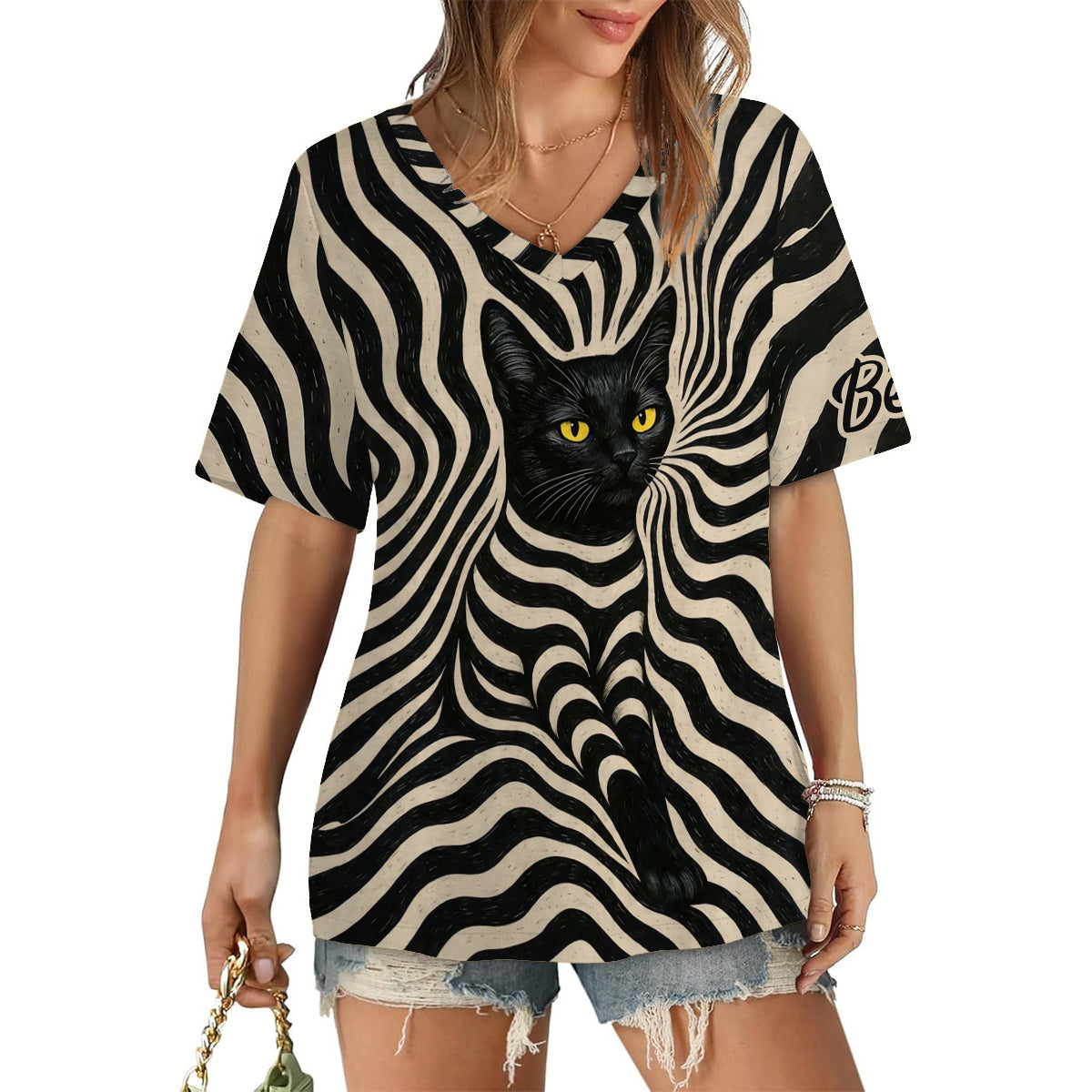T-shirt V-Neck Personnalisé Chat Noir Artiste Psychedelique - Style Cool