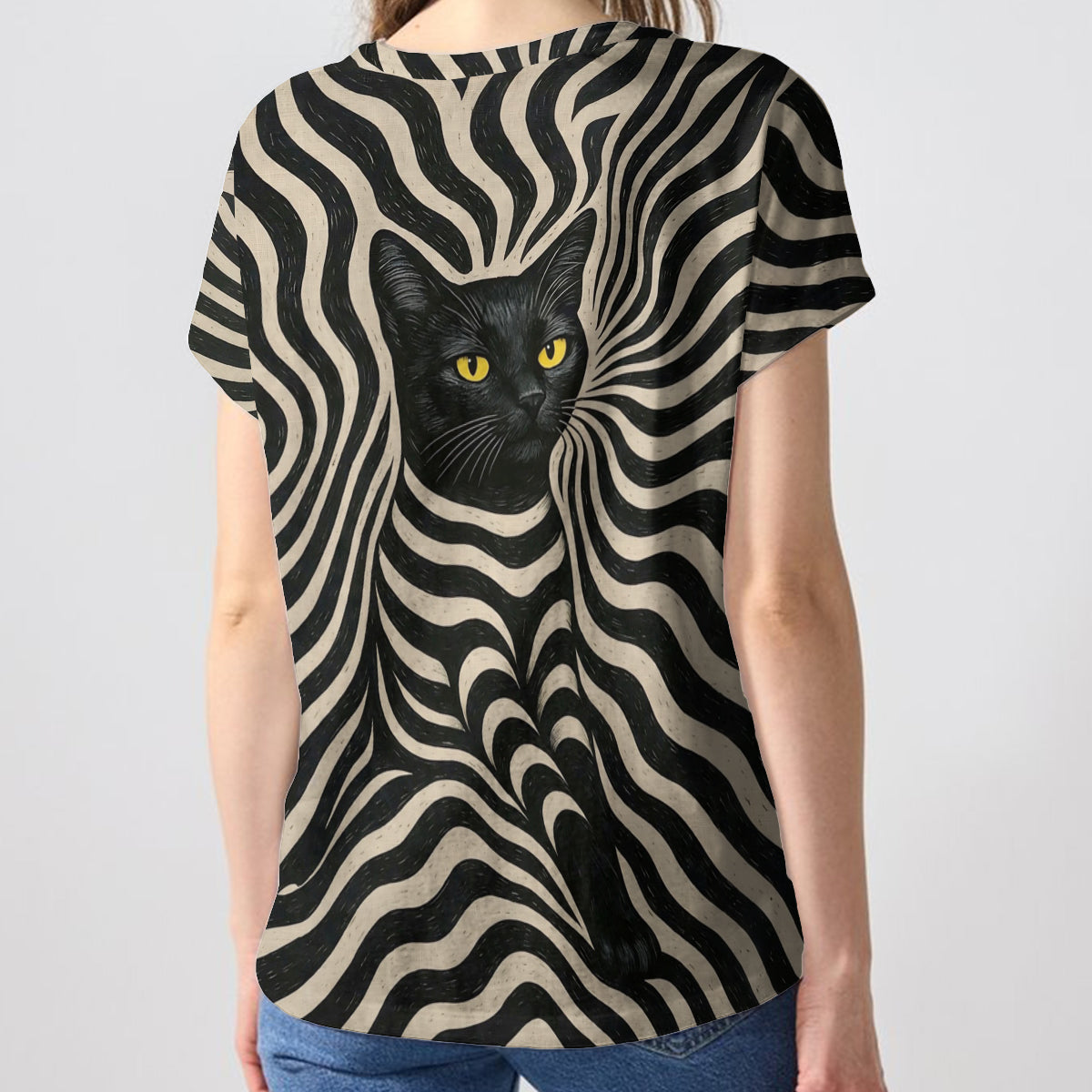 T-shirt V-Neck Personnalisé Chat Noir Artiste Psychedelique - Style Cool