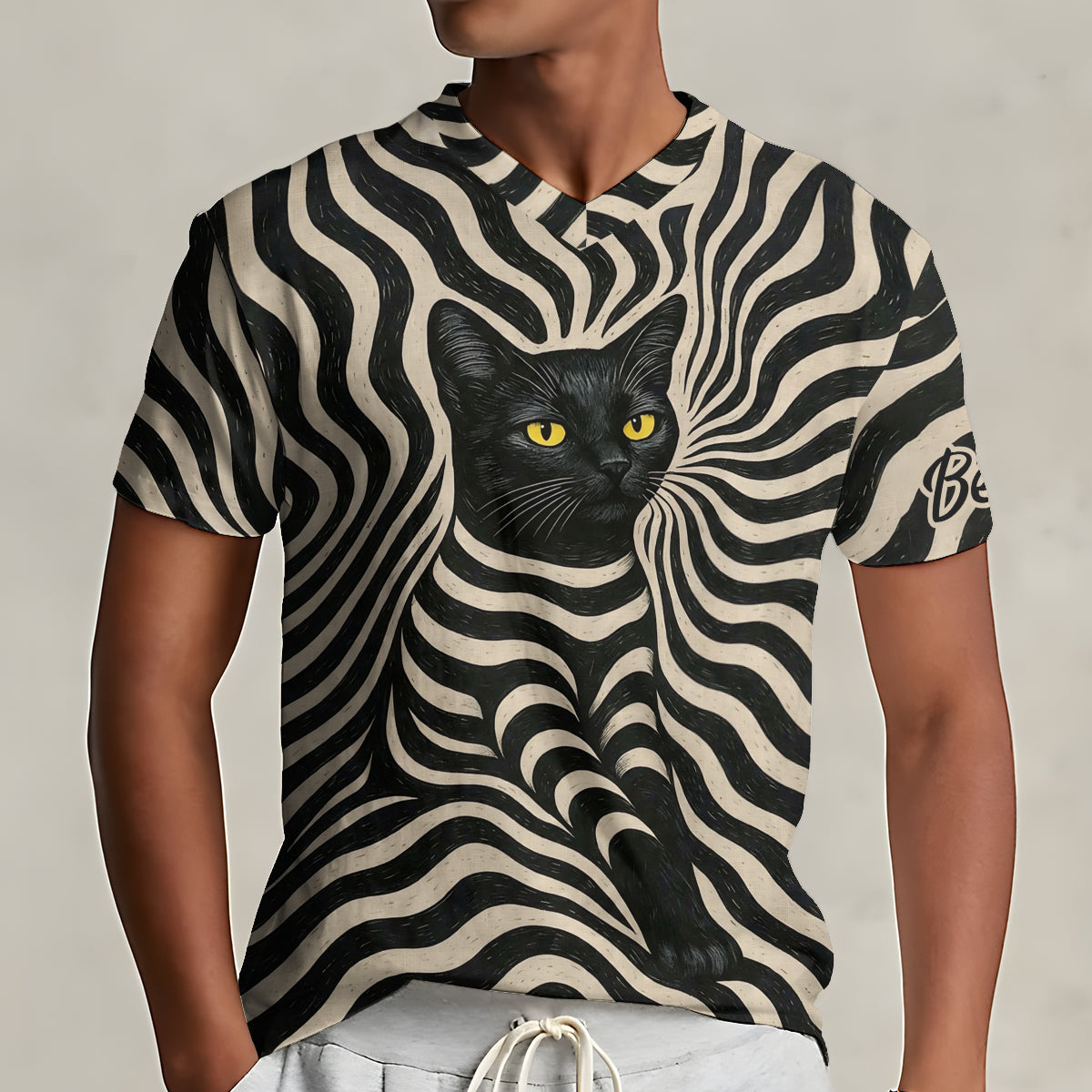 T-shirt V-Neck Personnalisé Chat Noir Artiste Psychedelique - Style Cool