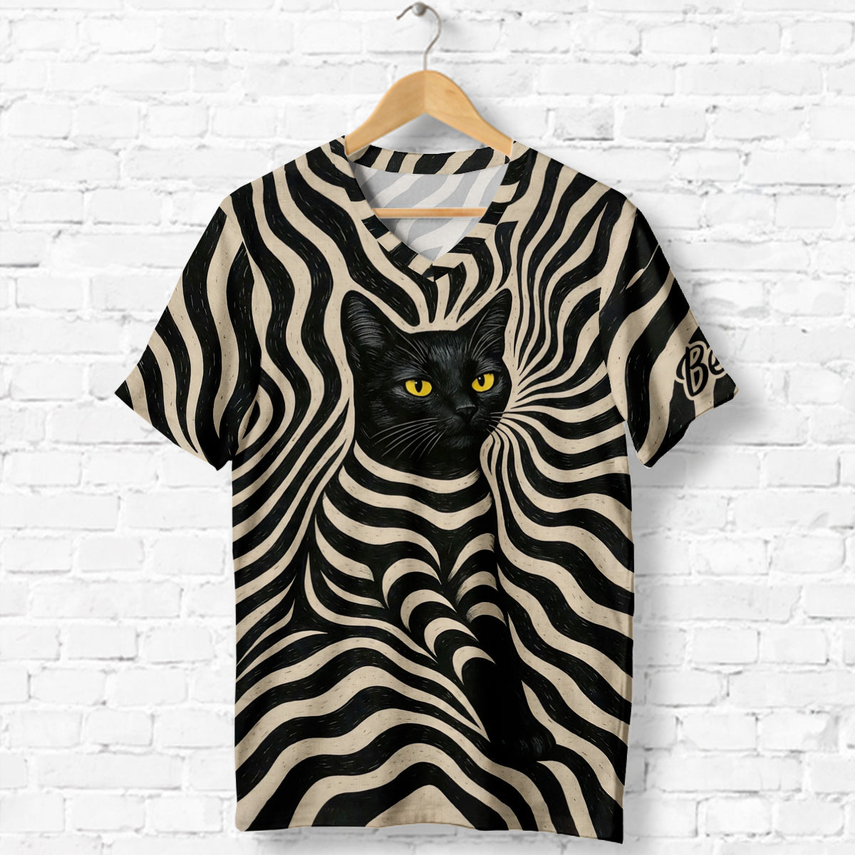T-shirt V-Neck Personnalisé Chat Noir Artiste Psychedelique - Style Cool