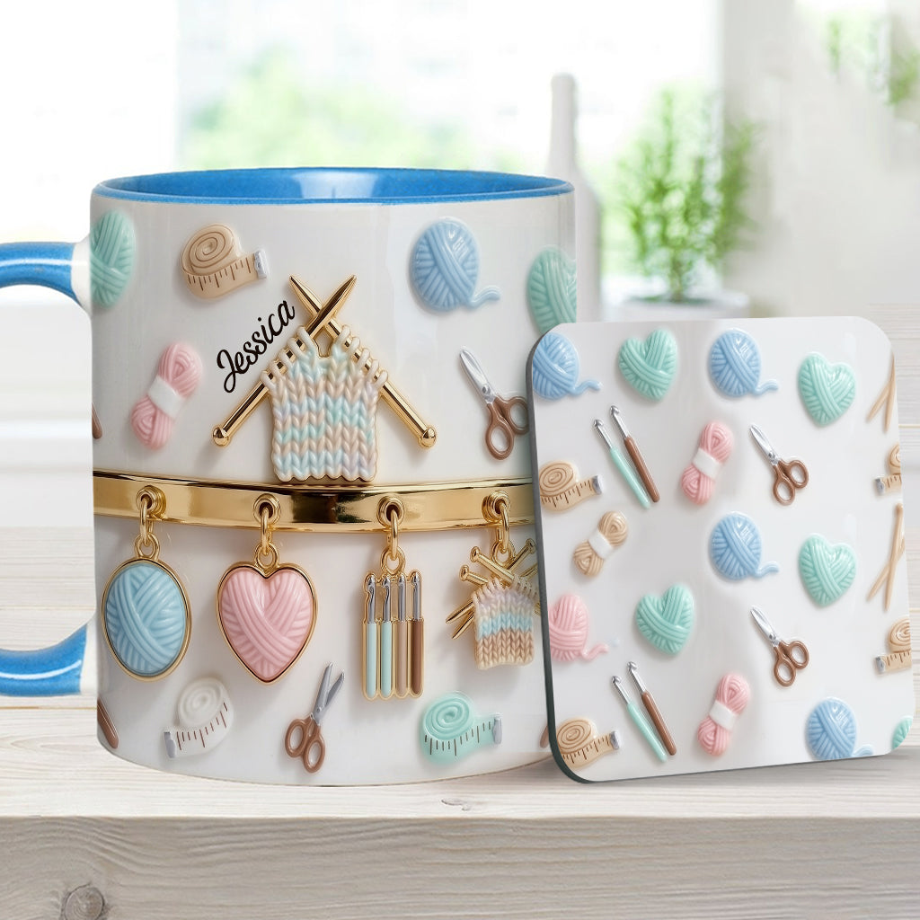 J'adore le crochet/tricot - Mug et sous-verre personnalisés avec motif crochet