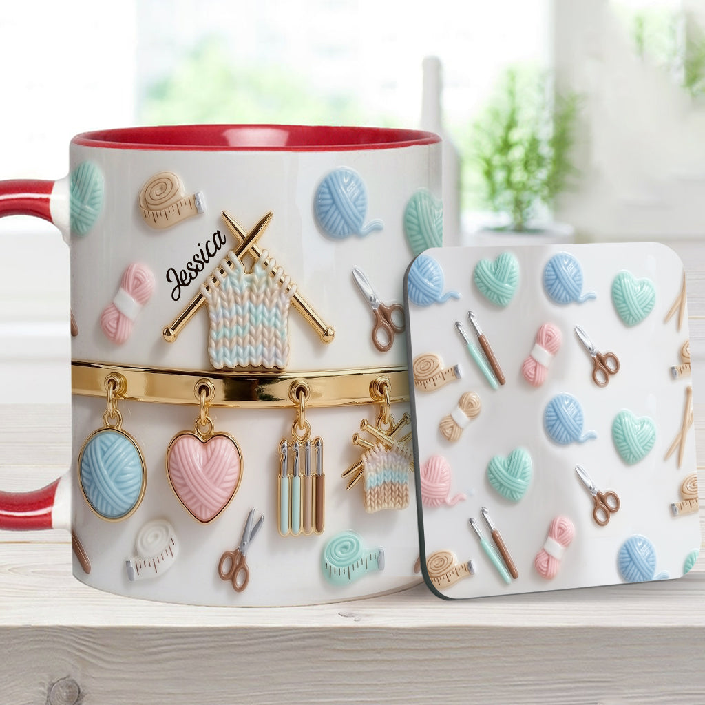 J'adore le crochet/tricot - Mug et sous-verre personnalisés avec motif crochet