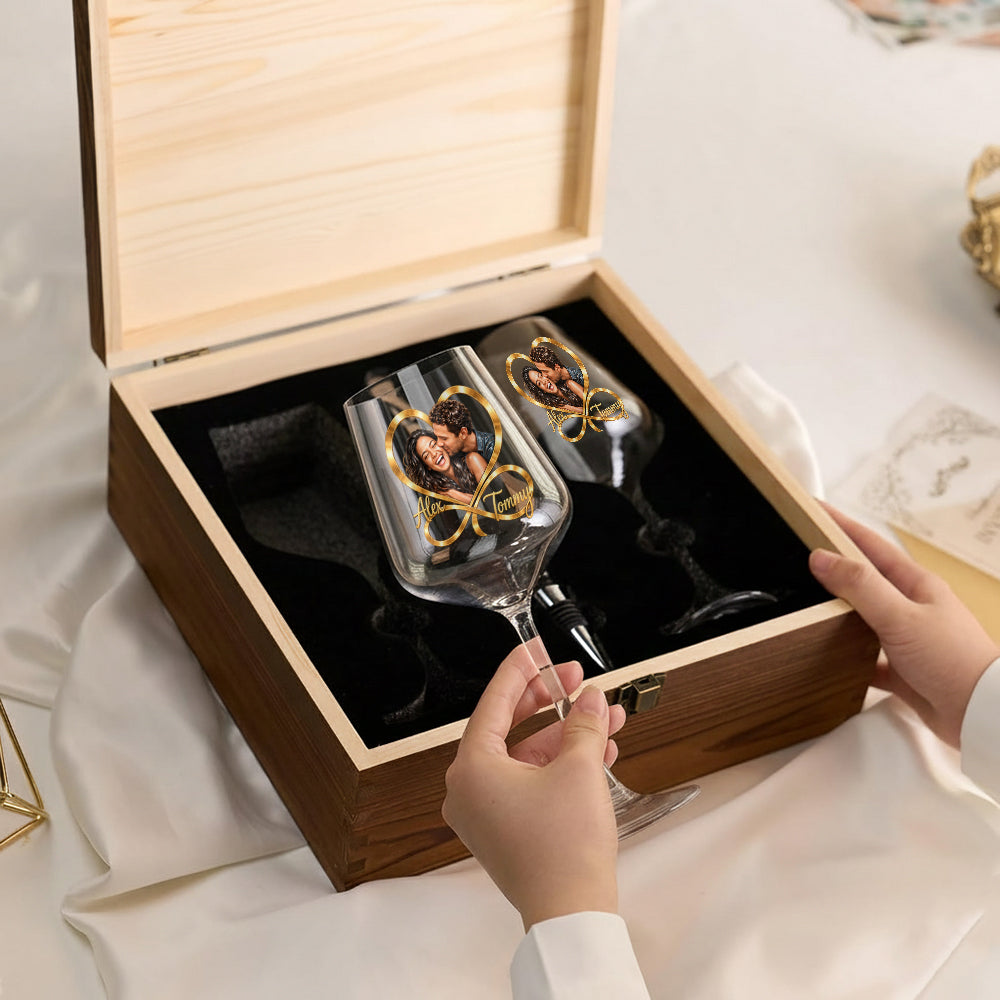 You & Me Forever - Personalized Couple Wine Glasses Set With Wooden Box