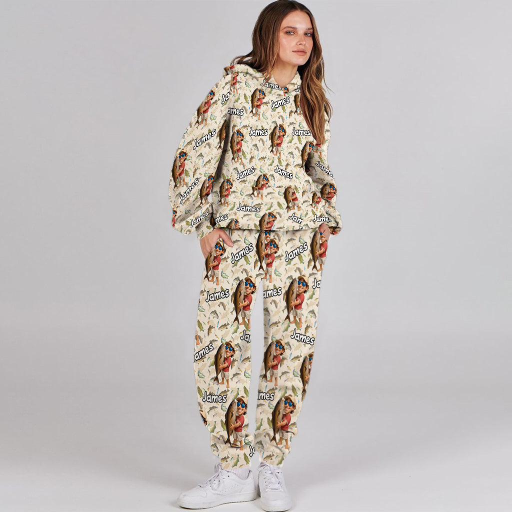 Cadeau amusant pour les passionnés de pêche : ensemble sweat à capuche et pantalon de survêtement personnalisés sur le thème de la pêche