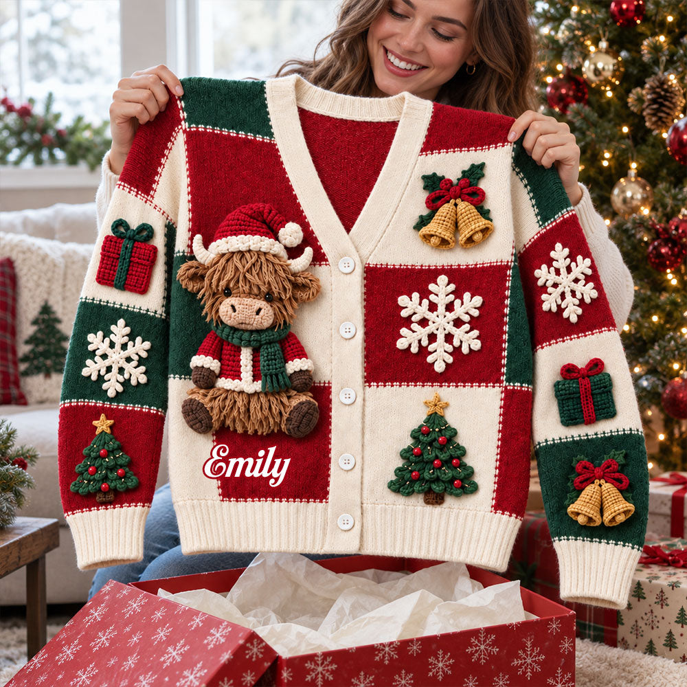 Cadeau de Noël Vache des Highlands - Pull Cardigan Personnalisé