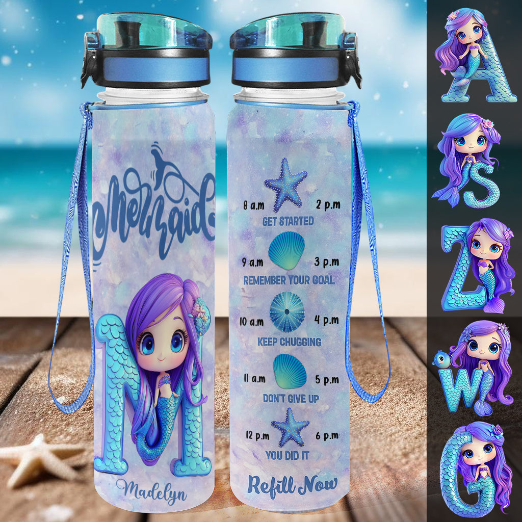 Bouteille personnalisée avec nom et lettre de l'alphabet sirène - Gourde traqueuse d'eau sirène