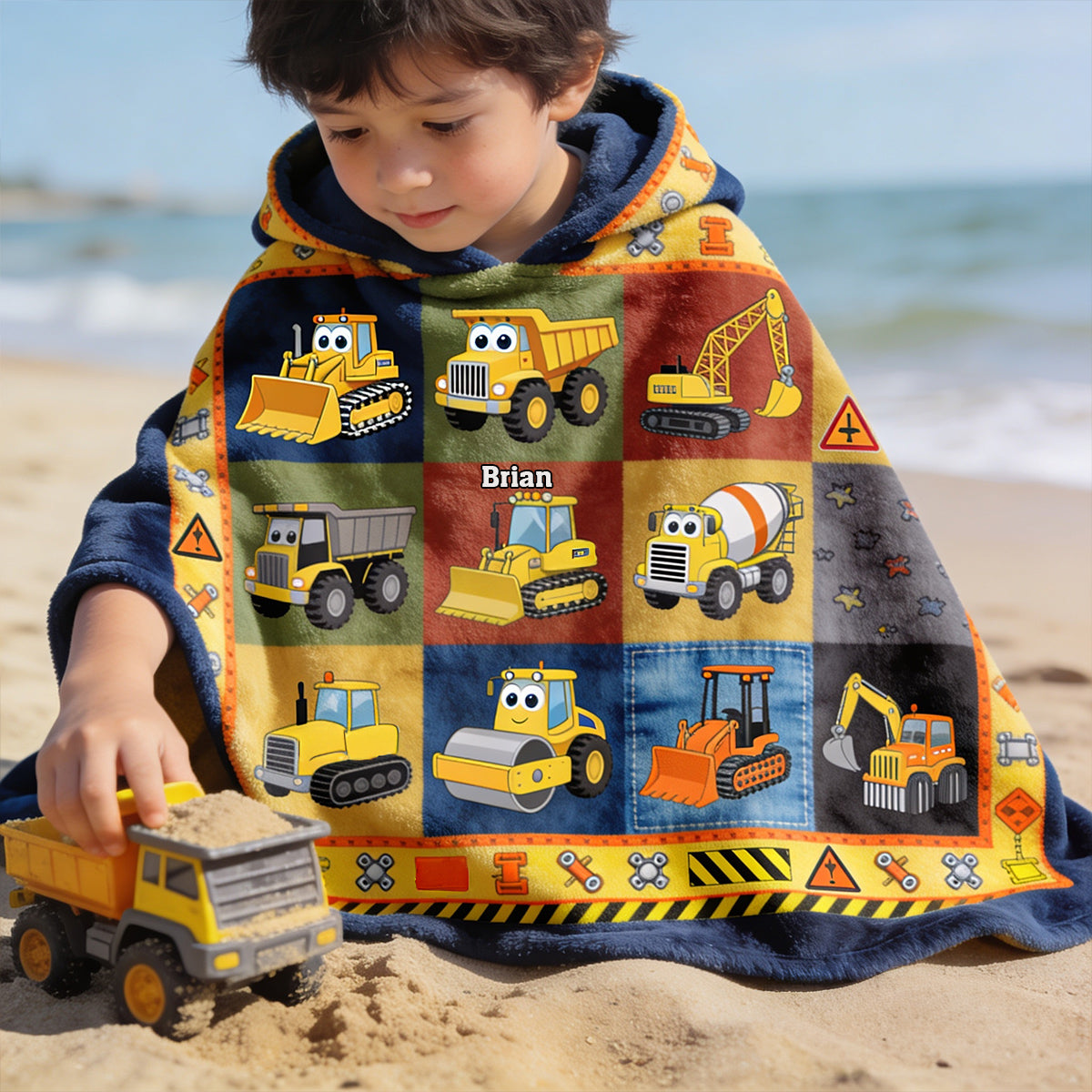 Machines de Construction - Poncho Serviette à Capuche Personnalisé pour Enfant